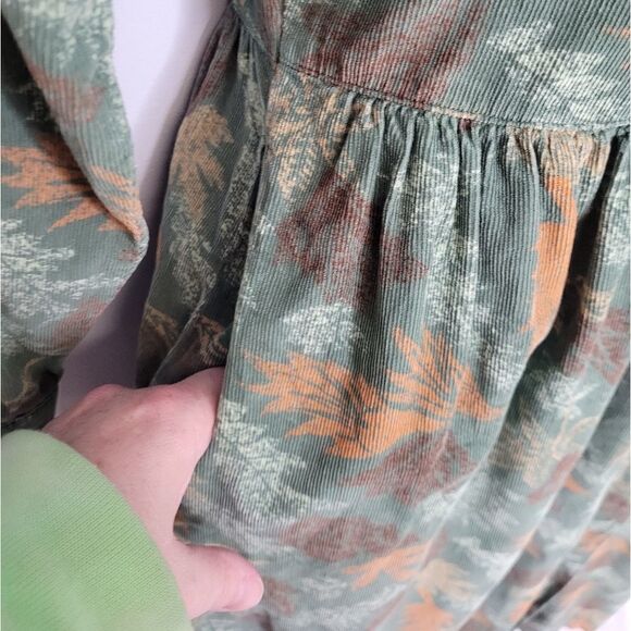 VINTAGE 90s dress corduroy green leaf print button up maxi M - Picture 3 of 11